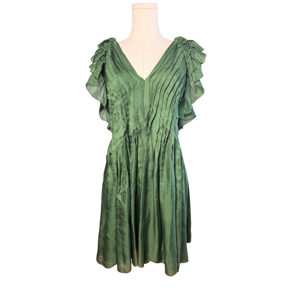 Leon Max Limited Edition Green 100% Silk Pleated Ruffle Open Back Dress Size 8